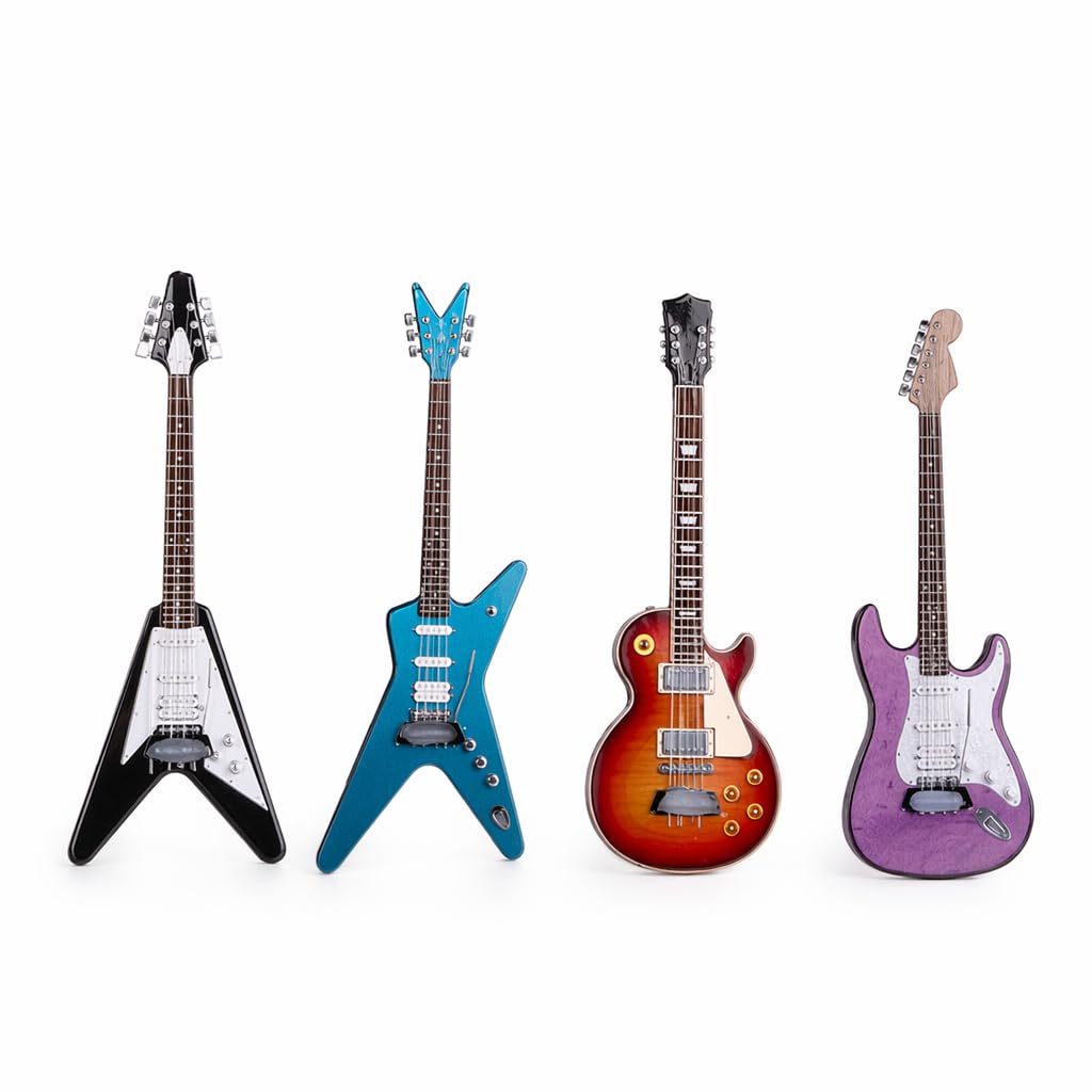 Mini Guitar Set, 4 Piece 1:12 Scale Miniature Instruments, Detailed Wooden Small Guitar Collection for Dollhouse Music Room Display, Craft Project Creations and Collector Arrangements