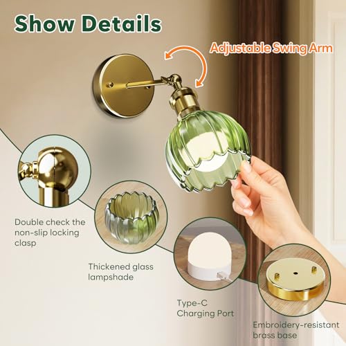 Image of Vintage Green Tulip Glass Wall Sconce - 5000mAh Rechargeable Battery Operated, Wireless w /Remote | No Wiring Needed for Bedroom, Hallway, Entryway (Set of 2)
