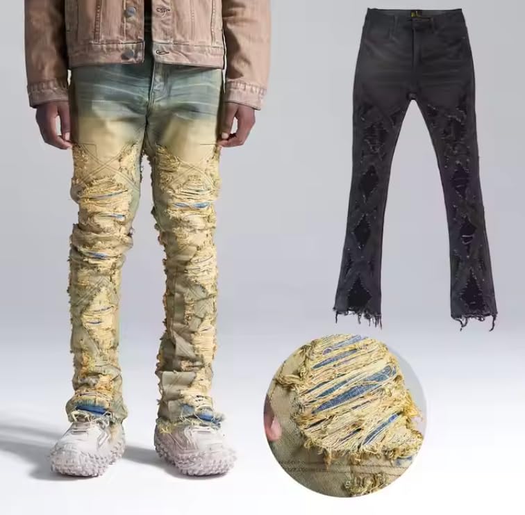 High Street Hip-hop Men's Slim-Fitting Stacked Denim Jeans with Frayed Edges3