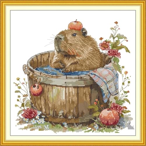 Image of CROSSDECOR Stamped Cross Stitch Kits Full Range of DIY Needlepoint for Adult Beginners Pattern, for Gift and Home Decor 14CT 2 Strands Capybara,15.35x15.35 inch