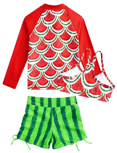 Image of Funnycokid Girls Swimsuit 3 Pieces Zip Rash Guard Bathing Suits Set Kids Bikini Boyshort Summer Swimwear 3-14 Years