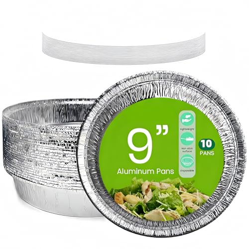 GilesEdward 10 Pack Round Aluminium Foil Containers with Lids - 9 Inch 23cm Disposable Tin Foil Trays for Baking Roasting & Cooking - Reusable Oven & Freezer Safe Flan Cases Pie Dishes