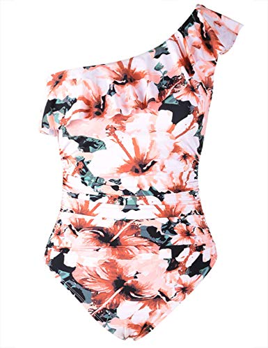 Hilor Women's One Piece Swimsuits One Shoulder Swimwear Asymmetric Ruffle Monokinis Bathing Suits Floral Pattern 12 #TOP3