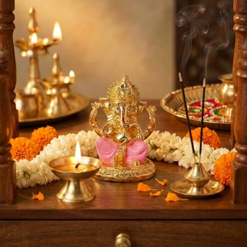 Image of Gold Plated Ganesh Idol | Ganpati Murti for Car Dashboard, Office Desk, Hindu God Gift & Home Decor - Resin (Gold & Pink)