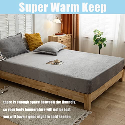 Nokolulu Solid Hotel Flannel Fitted Sheet - Keep Warm And Luxury Quality Soft Breathable Hypoallergenice Durable Velvet Bed Sheets, 18" Deep Pocket (Queen,Light Grey) #TOP3