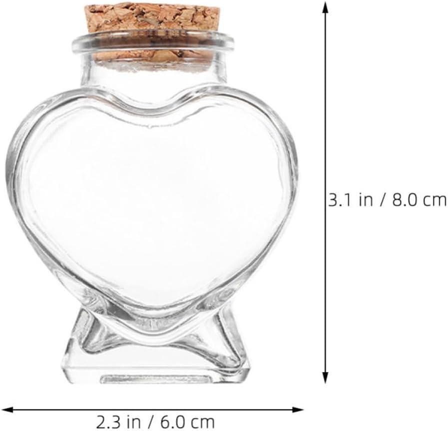 Glass Bottles Small Decorative Containers with Cork Stoppers 6pcs Heart Shaped 50ml Portable Size Glass and Wood Jars for Candy Storage and Wedding Favors