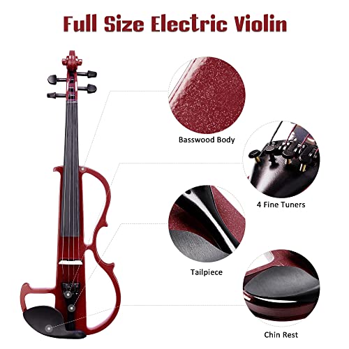 Aw 4/4 Electric Violin Full Size Wood Silent Fiddle Musical Instrument Fittings Headphone Jujube Red #TOP1
