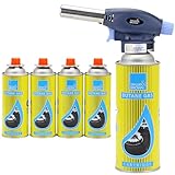 Blow Torch with 4 Butane Gas Bottles - for Camping, Cooking, Kitchen, BBQ, Desserts, Creme Brulee | Refillable Flamethrower Welding Refill Auto Ignition Soldering Weed Burning Blowtorch Lighter