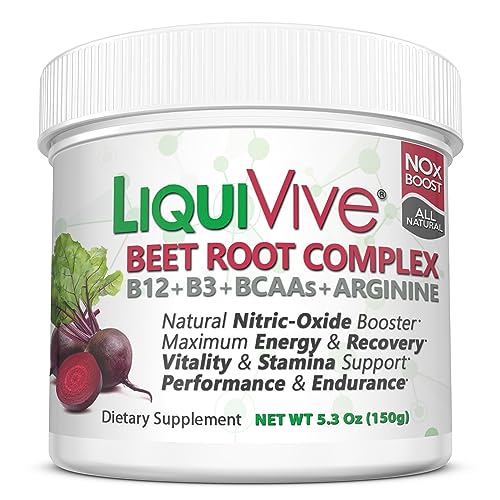 LiquiVive® Beet Root Juice Powder Nitric Oxide Booster Supplement | with BCAA Amino Acids, Vitamin B12, B3 Niacin & L-Arginine | N.O. Amino Vitality Drink Mix for Endurance & Circulation