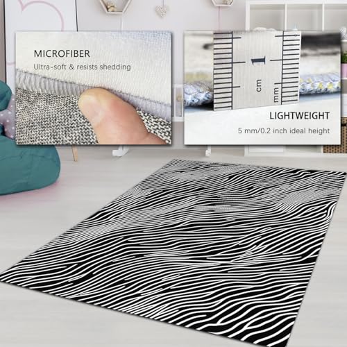 Tapis vagues noir et blanc antidérapant facile à nettoyer pour salon