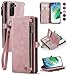Defencase Samsung Galaxy S21 FE Case, Galaxy S21 FE 5G Case Wallet for Women Men, Durable PU Leather Magnetic Flip Lanyard Strap Wristlet Zipper Card Holder Wallet Case for Samsung S21 FE, Rose Pink