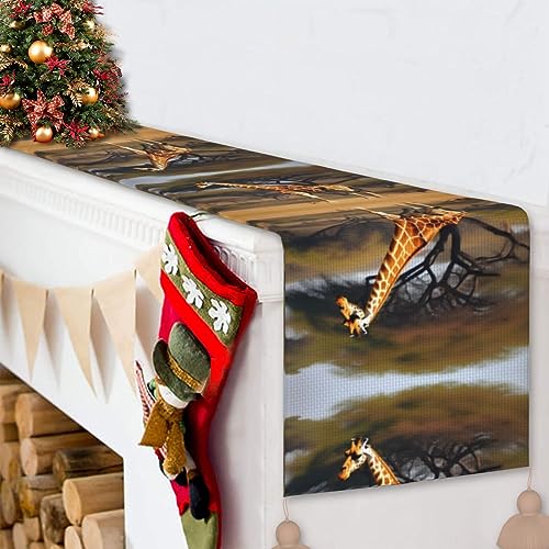 Chemin de table décoratif girafe et arbre majestueux pour grande table