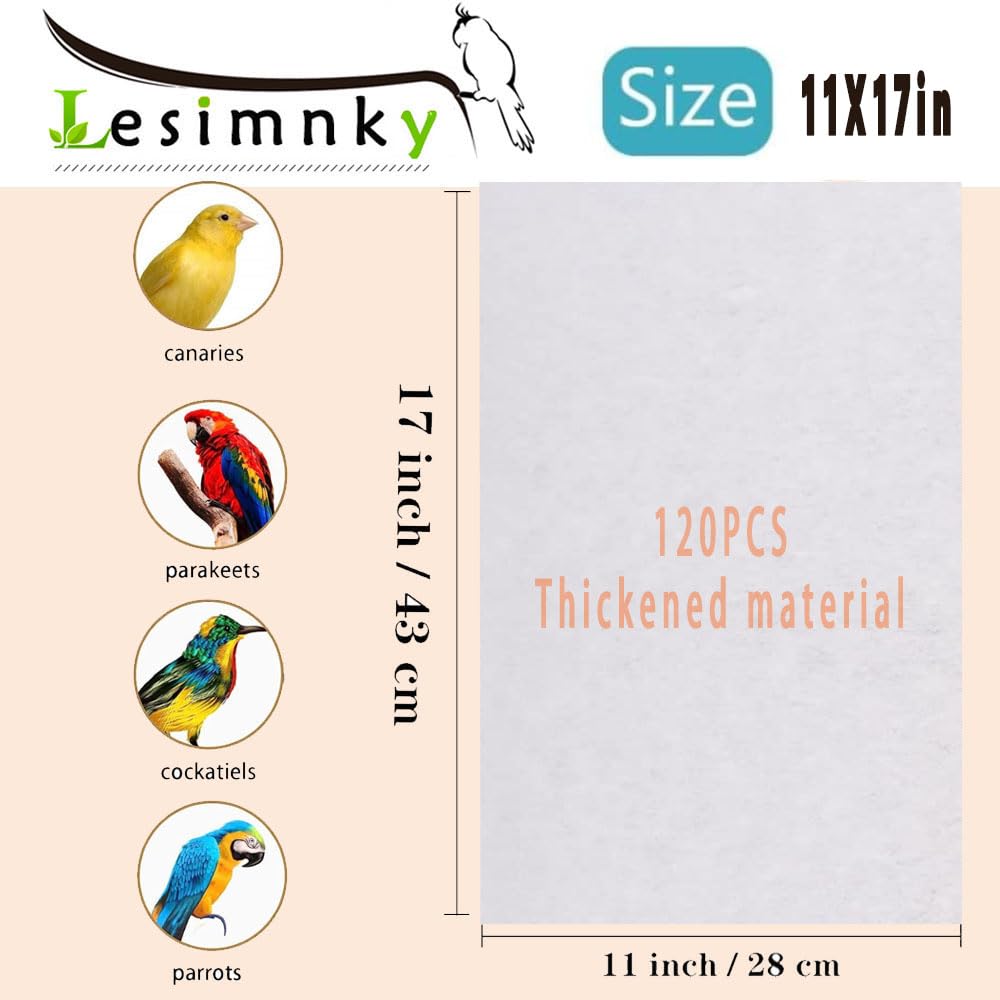 Lesimnky 120 Pieces Bird Cage Liners-11'' X 17''Disposable Non-Woven Bird Cage Paper Liners Precut Absorbent Fecal Tray Cages Cushion Pad Mat Cuttable Pet Animal Cages Cushion for Parrot (White) - Image 3