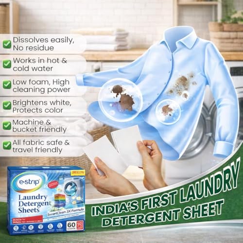 Image of eStrip SmartClean 3X Laundry Detergent Sheets - 30 Sheets, Ultra-Concentrated Eco-Friendly,Dissolves Instantly, Liquid & Pod Alternative, Works for Front & Top Load & Hand Wash, Tough Stain Removal