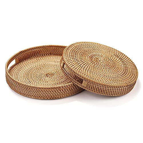 Rattan Round Serving Tray, Hand Woven Serving Basket With Cut - Out Handles, Wicker Fruit/Bread Serving Basket (11.8 + 14.2 Inch) #TOP2