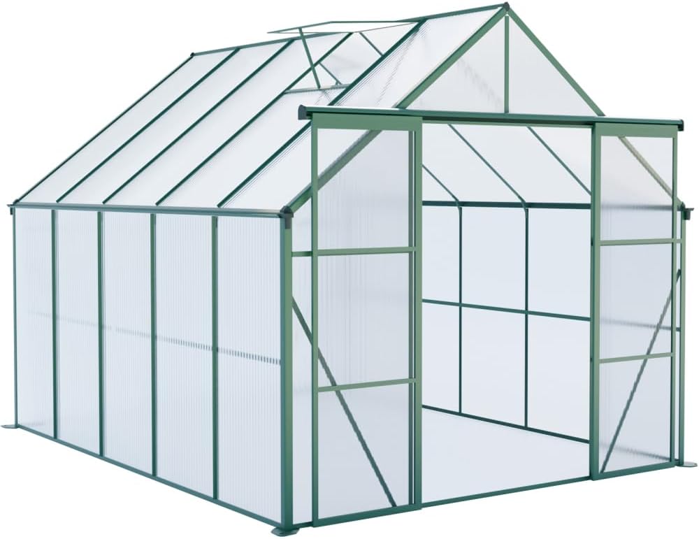 Heavy-Duty Walk-in Polycarbonate Greenhouse with Dual Sliding Doors, Adjustable Roof Ventilation, and Galvanized Steel Base for Year-Round Outdoor Gardening (Green 8*10FT)