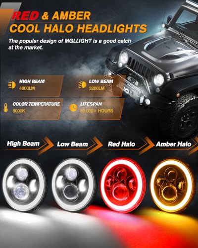 7 Inch Red Halo LED Headlights for Jeep Wrangler JK TJ CJ - Image 4