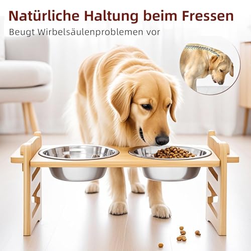 DOKKOME Hundenapf Höhenverstellbar Futternapf Erhöht Hundebars für Hunde mit Bambus Ständer für kleine Hunde und Katzen Futterstation rutschfest Edelstahlnäpfe Gelenkschonend