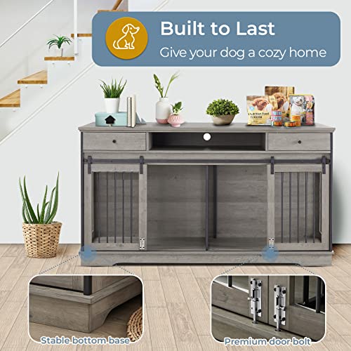 Lyromix Dog Crate Furniture Large Breed Tv Stand With Drawer & 2 Sliding Doors, Dog Kennels And Crates For Medium Large Dogs With Divider, Wood Dog Crate End Table, Grey, 66.1''W*23.6''D*36''H #TOP6