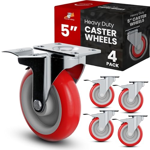 Online Best Service 4 Pack, 5 Inch Caster Wheels Swivel Plate with Brake on Red Polyurethane Heavy Duty Wheels