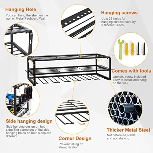 BQKOZFIN Power Tool Organizer Storage Rack, Wall Mount Drill Holder Charging Station for 7 Power Drill Tools, Cordless Battery Tool Shelving with Side Screwdriver Storage for Garage, Workshop (Large)