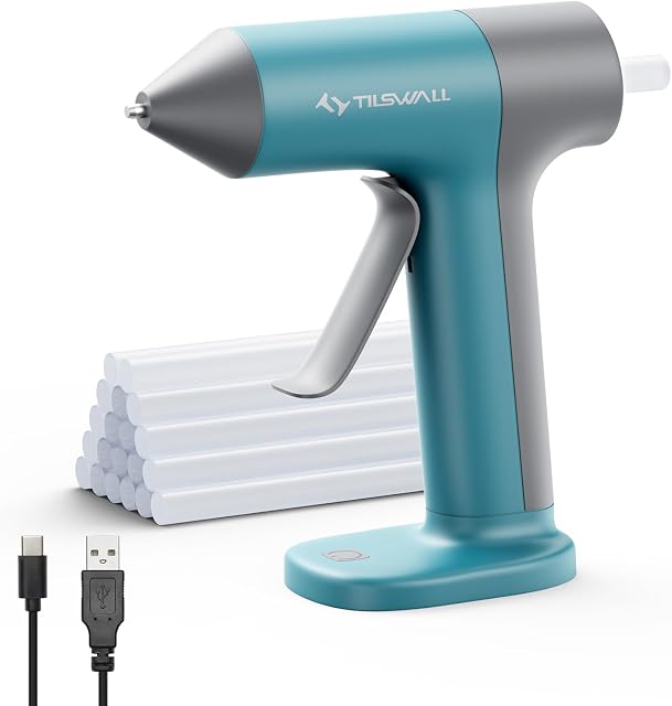 Tilswall Kit d'applicateur de colle chaude sans fil avec bâtonnets de colle chaud, 30s Préchauffer rapidement, USB-C Conception sans fil d'application de colle rechargeable, Mini Applicateur de colle chaude pour DIY Artisanat, Réparations de maison (Blue)