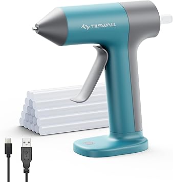 Tilswall Cordless Hot Glue Gun, Rapid 30s Preheat, Mini glue gun and sticks set with 2000mAh Type-C Rechargeable, Smart Power Off, 20 Premium Glue Sticks, Ideal for DIY Crafts, Gift Making Blue