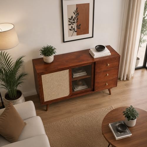 Image of The Attic INES Cabinet, Solid Wood Sideboard for Living Room, Classy TV Cabinet, Wooden Free Standing TV Unit with Storage, Honey Matte Finish