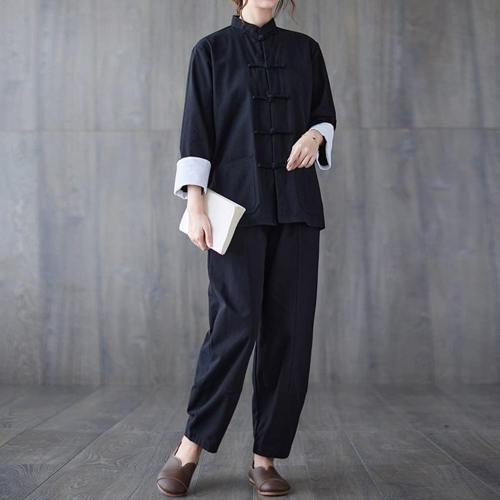 HHHH Women's Kung Fu Jacket Frog Button Mandarin Collar Loose Fit Blouse Chinese Tang Shirt Tai Chi Training Uniform (L, 60# Black)