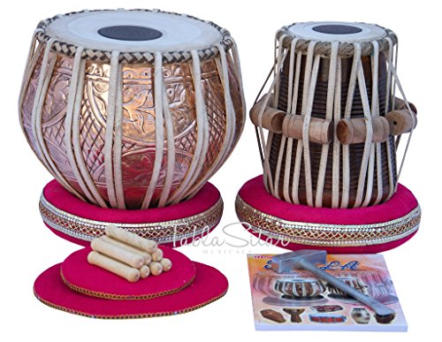 Tabla Drum Set by Maharaja Musicals, Professional, 3.5 Kg Copper Bayan - Designer Carving, Sheesham Tabla Dayan, Padded Bag, Hammer, Cushions, Cover, Tabla Musical Instrument (PDI-CJH)