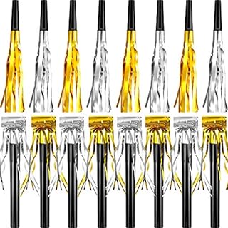 SKYLETY 48 Pieces Glitter Metallic Fringed Noise Makers Party Blower Noisemakers Party Squawkers in Gold and Silver Musical Blowouts for Graduation New Year Party Birthday Party Supplies