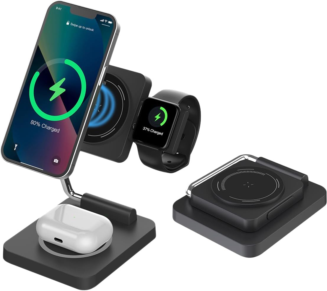 3 in 1 Magnetic Wireless Charger, Foldable Travel Charging Station, Portable 3 in 1 Wireless Charging Pad with Phone Stand, Compact for Travel Home Office (Black)