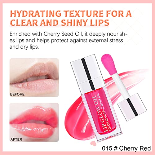 Amazfly Hydrating Lip Oil, Plumping Lip Gloss Tinted Lip Balm Lip Care Transparent Toot Lip Oil, Long Lasting Nourishing Lip Glow Oil Non-Sticky Big Brush Head Glitter Shine Primer Lip Tint (12Rosewood&15Cherry Red) #TOP4