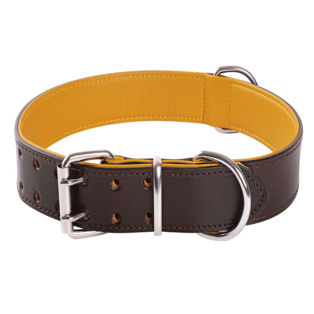 Collar de Perro de Cuero - Heavy Duty para Razas Fuertes, Medianas Grandes/XL Tamaños con Hardware Reforzado(Marrón+Amarillo, XL)