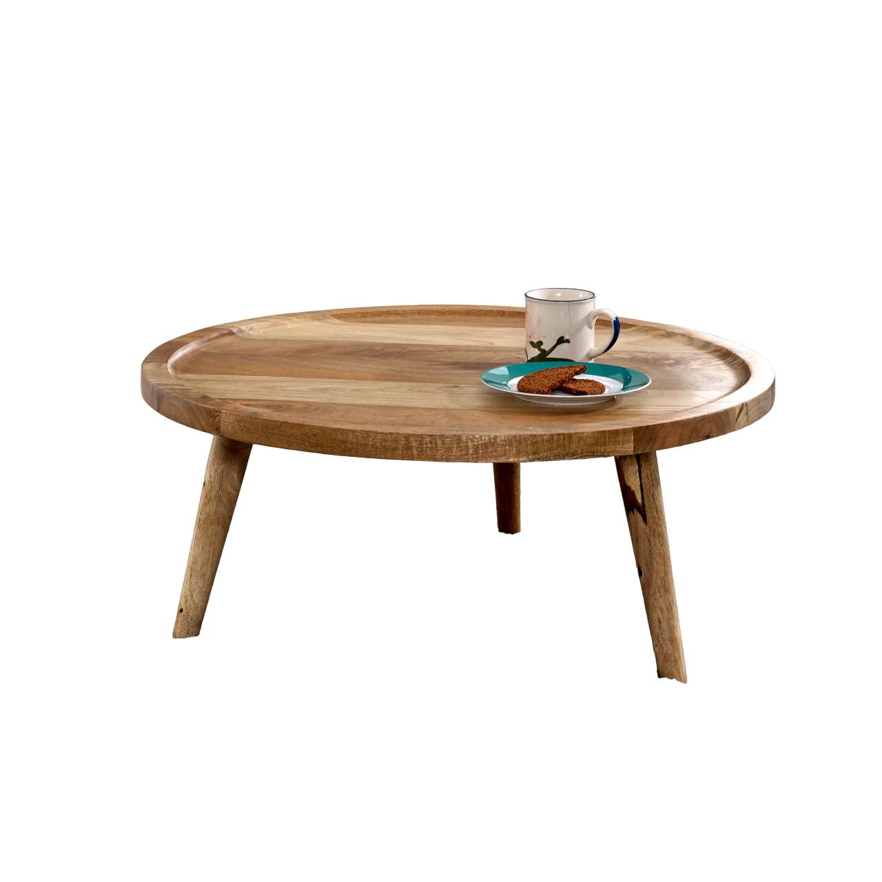 Solid Mango Wood Low Coffee Table Round Top with 3 Legs Center Table for Living Room Traditional Style Coffee Table