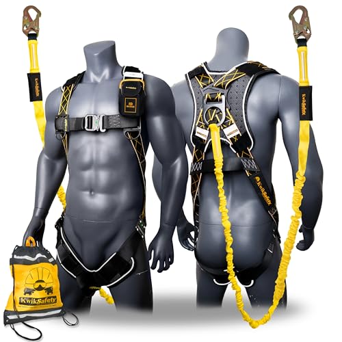 KwikSafety - Charlotte, NC - SCORPION DiamondBACK Safety Harness [W/ATTACHED 6FT LANYARD + 1 D-RING] ANSI OSHA Premium Fall Protection Black Full Body Fall Arrest Construction Roofing Gear
