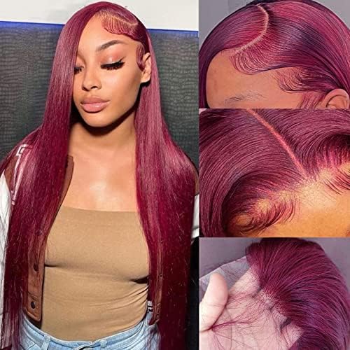 miear 99J Burgundy Lace Front Wigs Human Hair 13X4 HD Transparent Straight Lace Frontal Wig 22 Inch, Brazilian Remy Human Hair Wig For Black Women 180% Density Glueless Wig Pre Plucked With Baby Hair
