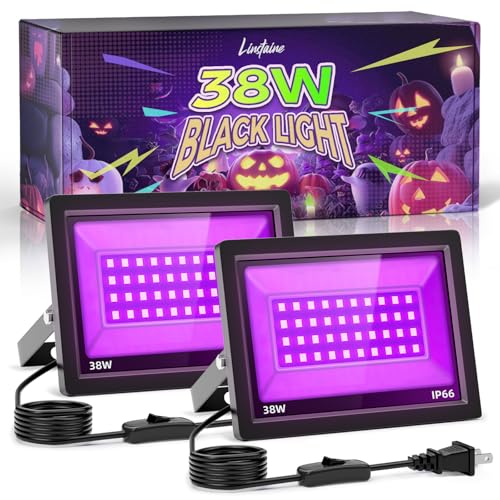 2 Pack 38W LED Black Light, Blacklight Flood Light for Glow Party IP66 Waterproof, Outdoor Black Lights with Switch&Plug for Halloween, Glow in The Dark, Neon Party, Fluorescent Poster, Birthday