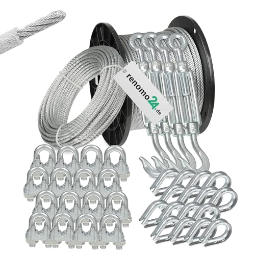 Renomo24 Drahtseil Set 6 - Stahlseil 40m 4mm 6x7 verzinkt und ummantelt 4x Spannschloss Haken/Öse 16x Bügelklemmen 16x Kauschen
