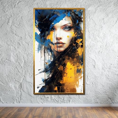 Tableau abstrait femme toile peinture bleu et or 40x60cm