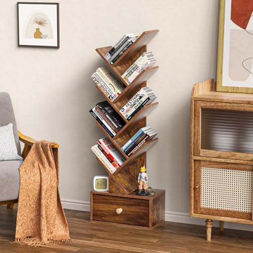 image for SHEEPAM 8 Tier Tree Bookshelf with Drawer, Free Standing Wood Bookcase