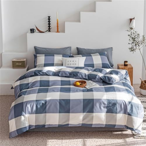 Image of Queen Comforter Set Modern Style Checkered Pattern Comforter Set Boho Farmhouse Blue White Grey Geometric Plaid Comforter with 2 Pillowcases Soft Fluffy 3 Pieces Lightweight Bedding for All Seasons