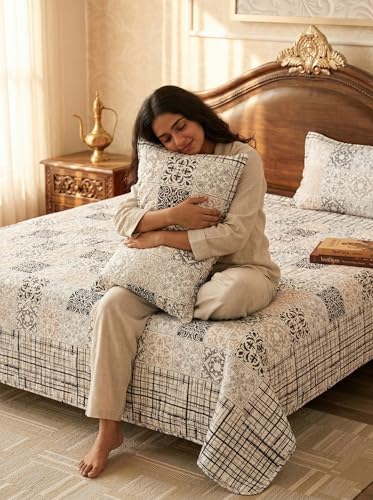 Image of Mafatlal 144 TC Jaipuri King Size Printed Cotton Bedsheet | 90 x 108 Inches | Long-Lasting Comfort | Includes 2 Pillow Covers | Black White