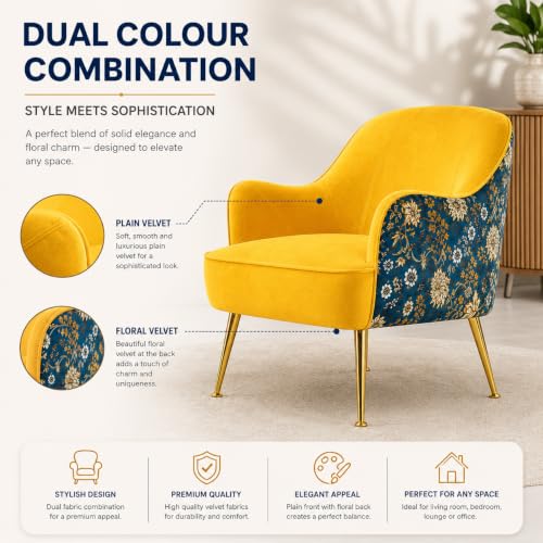 Image of Velvet Chair with Pillow for Home | Modern Accent Armchair in Soft Velvet Fabric with Golden Legs | Premium Accent Chair for Living Room Bedroom Restaurent | (Yellow, Big Zara)