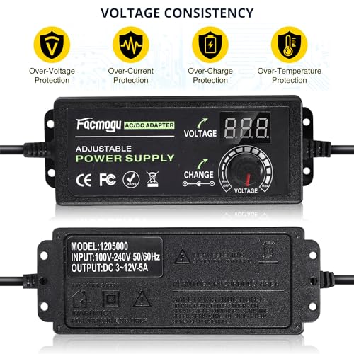 Facmogu 3V-12V 5A 60W Adjustable Power Supply with LED Display, Variable DC 3V 5V 6V 9V 12V Universal AC/DC Adapter, 100V-240V AC to DC 3-12V Switching Power Converter Multi-Voltage Regulated Adaptor3