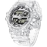 PINDOWSメンズ腕時計、透明ゴールドアナログデジタルデュアルタイム 50m防水、LEDバックライト多機能アラームストップウォッチ付き、スポーツ、アウトドア活動、普段使いに最適