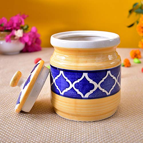 Image of Ceramic Jars (1000 ML) - Handcrafted Multipurpose Barni with Lid for Pickle, Chutney, Spices, Salt, Sugar - Kitchen Storage Containers, Yellow Blue