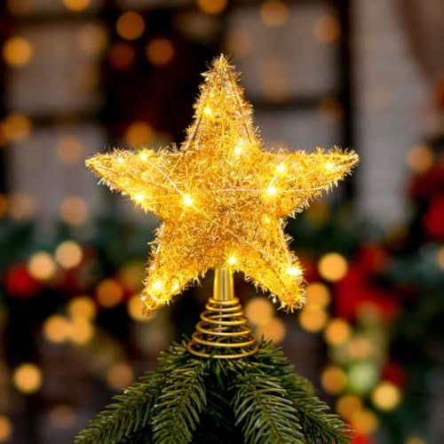 Estrella Arbol De Navidad con Luz 25 * 20cm Estrella Superior De áRbol De Navidad Metal Estrella De Navidad, Punta del Decoracion Arbol Navidad, Tapa De áRbol De Nieve con Pentagrama Iluminado (Oro)