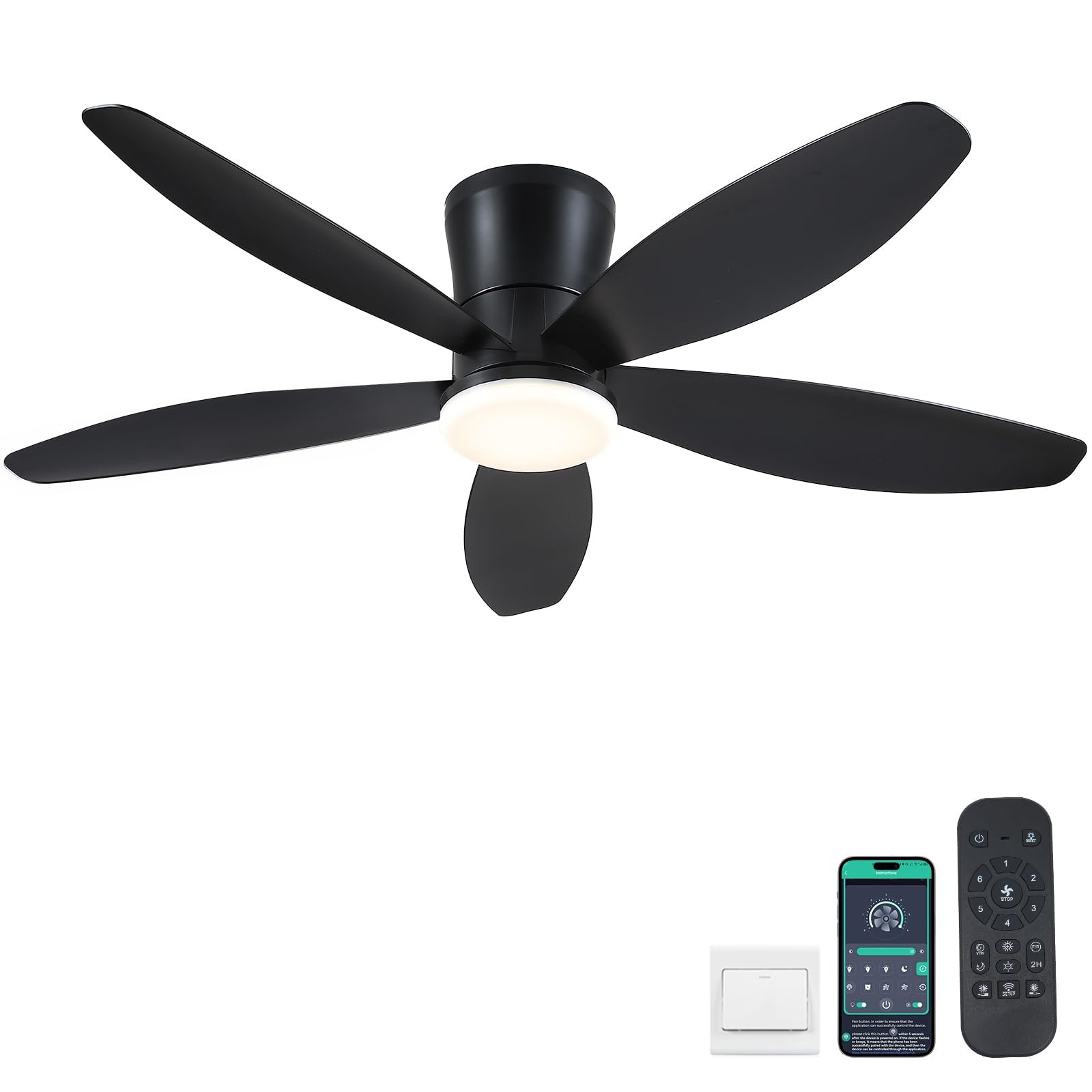 Surtime 48" Ceiling Fans with Lights-Low Profile Ceiling Fan with Light and Remote/APP Control, Black Flush Mount Ceiling Fans,DC Reversible,LED Dimmable