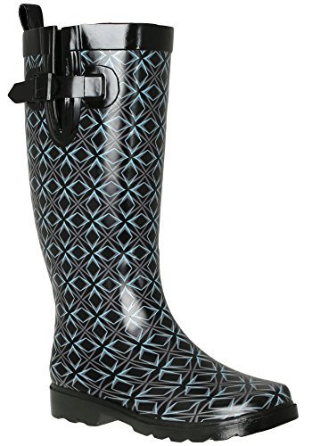Capelli New York Ladies Shiny Tall Rubber Cozy Lined Rain Boots Geometric Print Black Combo 62